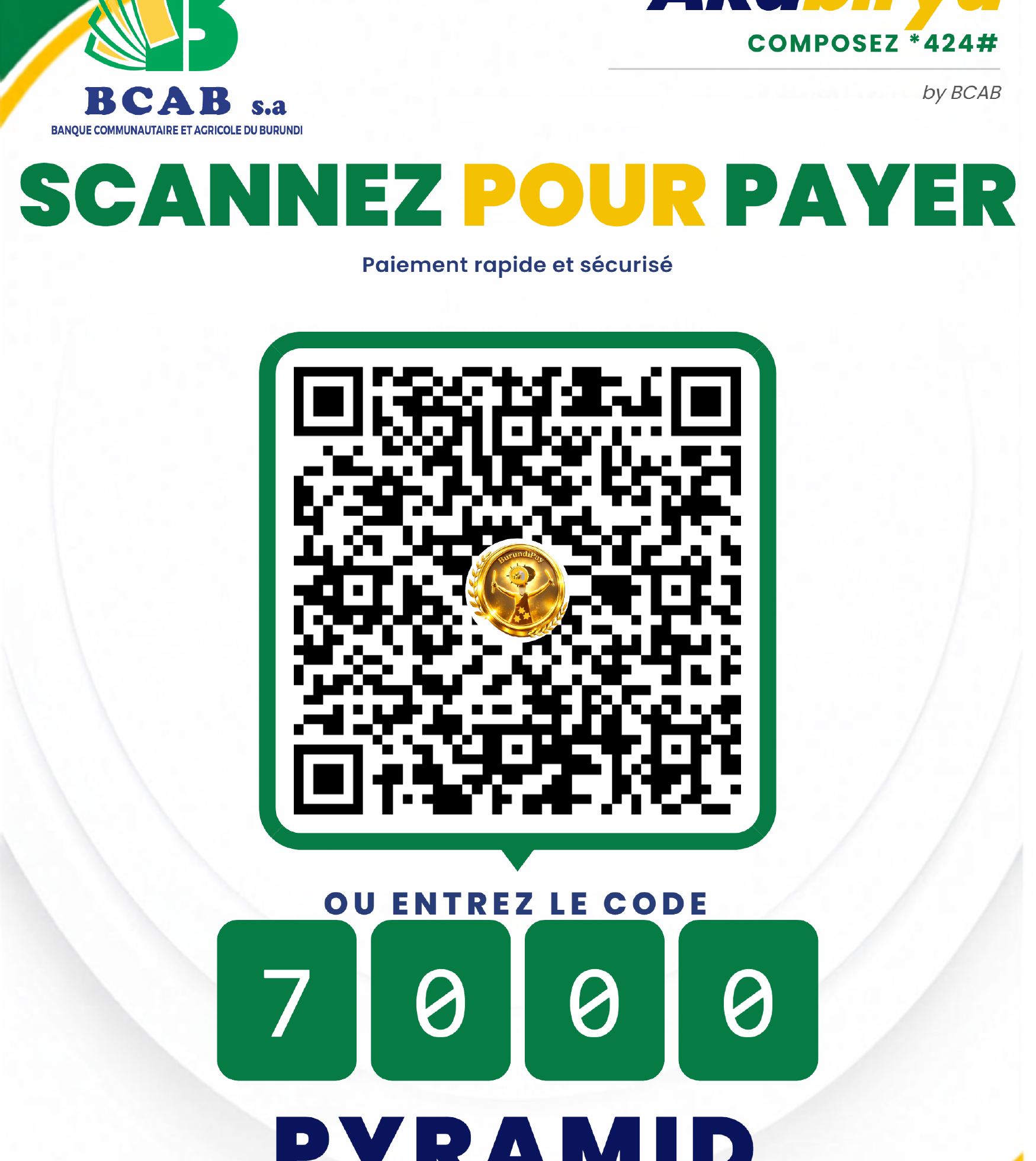 QR Code de paiement Pyramid Hall — Akabirya BCAB, code marchand 7000 PYRAMID